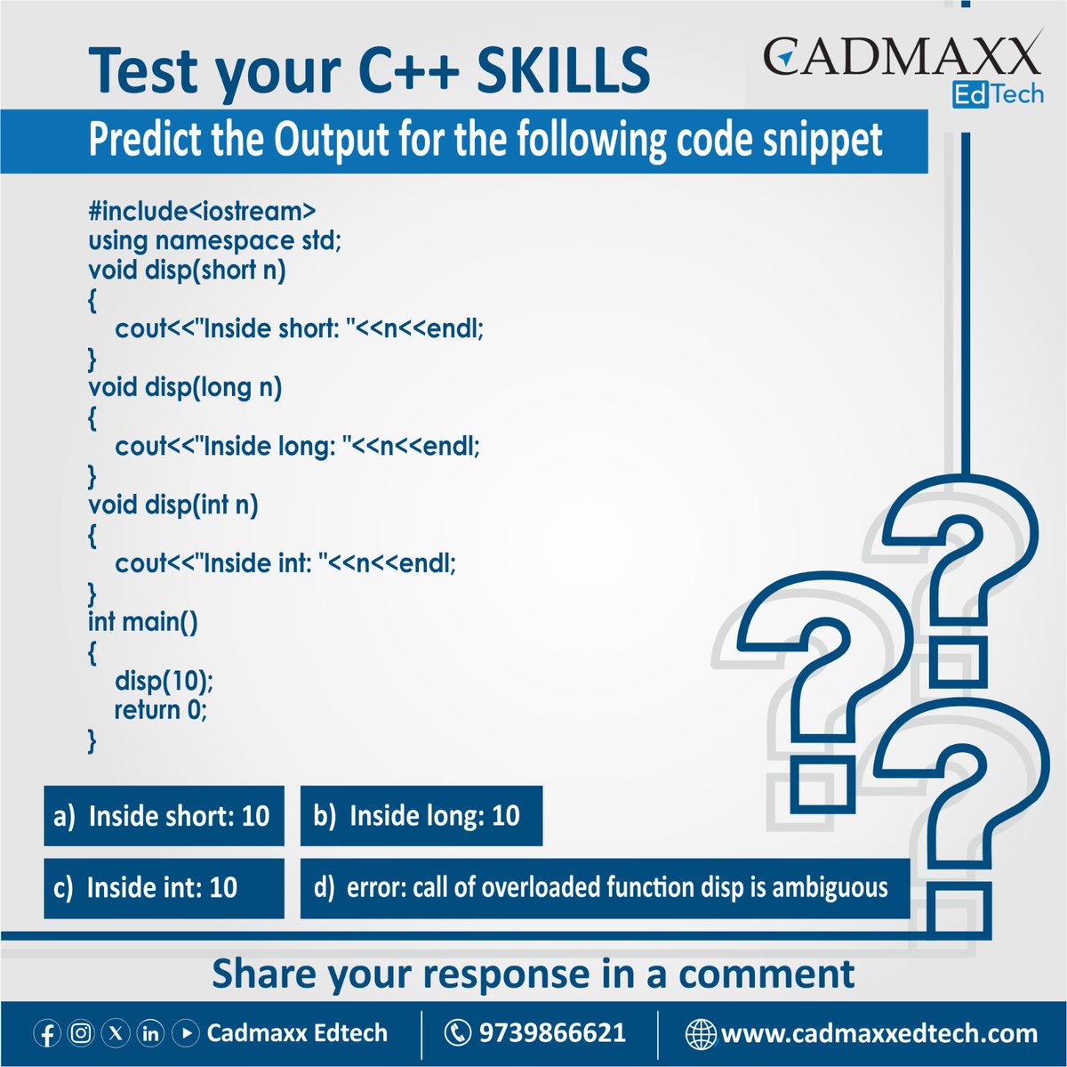 cadmaxxedtech's tweet image. Test your C++ skills

What will be the output of the program?

Post your response as comments

#cadmaxxedtech #cplusplus #DidYouKnow #qotd #Programming #programminglanguages #Challenge #TestYourSkills #Coding #OutputPrediction