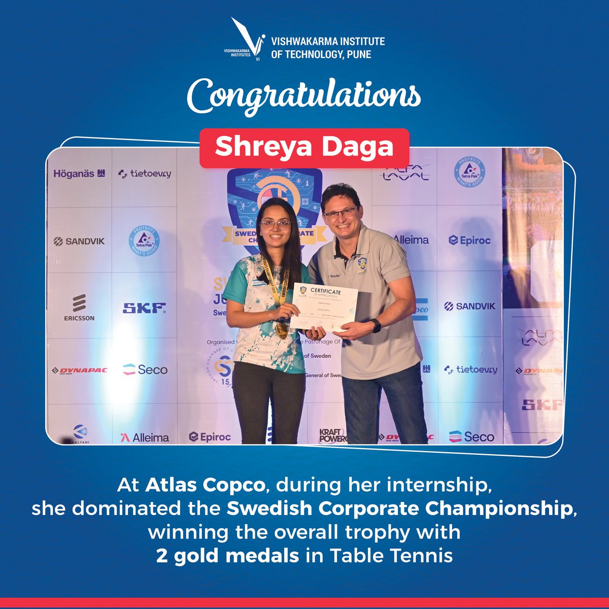 Interning at Atlas Copco, she dominated the Swedish Corporate Championship, clinching the overall trophy with 2 gold medals in Table Tennis!
#champion #goldmedal #tabletennis #winner #engineeringinstitute #engineeringstudents #engineeringcollege #engineering #VITPune #vitstudents