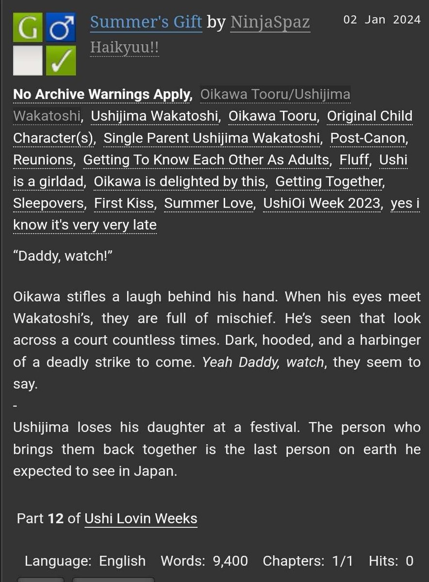 AniNinjaSpaz's tweet photo. 💖Summer's Gift💖
@ushioiweeks Day 6: Single Parents

rated G | 9.4k | Single Dad Ushijima, Fluff, Reunions
#UshiOi #UshijimaWakatoshi #OikawaTooru

🔗:  https://t.co/JXaHE37ZK5

[I know it's like 4 months late but it's also UshiOi Day (somewhere, still). Happy New Year!] https://t.co/k3Zxge9Jne