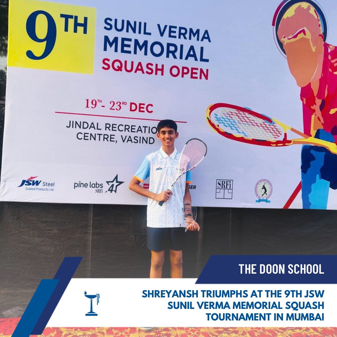 The_Doon_School's tweet photo. Shreyansh shines bright as the champion at 9th JSW Sunil Verma Memorial Squash Tournament in Mumbai! His skill and tenacity were unmatched, securing victory in the 4-star event. A proud moment for the entire Doon community!
#SquashChampion #JSWMemorialTournament #SportsAtDoon https://t.co/1nmGLKdF2A