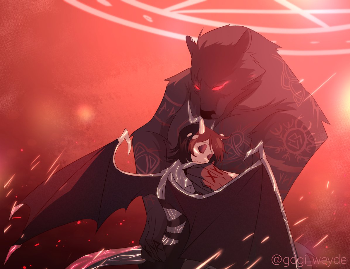 RebelCourtesan's tweet photo. Art by @Gogi_Weyde   While Bjorn is a thousand year old powerful Viking Overlord in Hell, Liz is the one who wears the pants in their relationship. https://t.co/wlomgWYd37