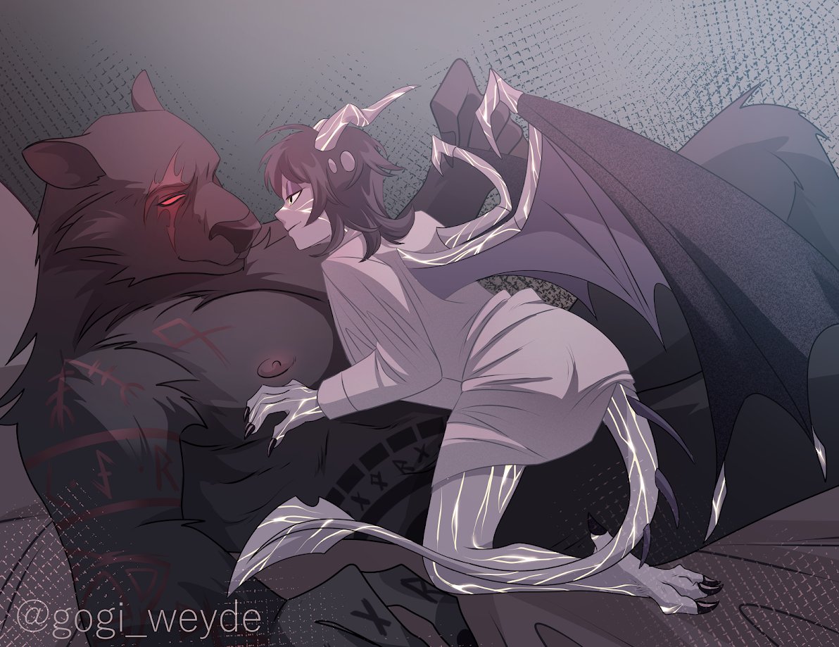 RebelCourtesan's tweet photo. Art by @Gogi_Weyde   While Bjorn is a thousand year old powerful Viking Overlord in Hell, Liz is the one who wears the pants in their relationship. https://t.co/wlomgWYd37