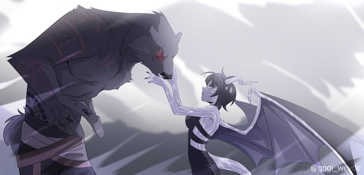 RebelCourtesan's tweet photo. Art by @Gogi_Weyde   While Bjorn is a thousand year old powerful Viking Overlord in Hell, Liz is the one who wears the pants in their relationship. https://t.co/wlomgWYd37