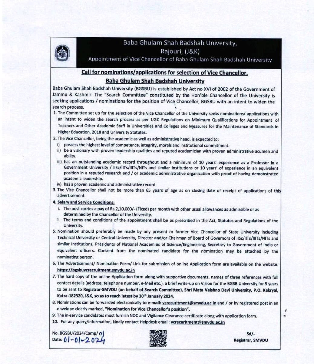 jkpdp's tweet photo. The appointment process of the Vice Chancellor for Baba Gulam Shah Badshah University, under a distinct act, raises questions as their VC nomination papers are submitted to Mata Vishnodevi University. This is a concerning instance of undermining the autonomy of the institution. https://t.co/PGOGhPaeMZ