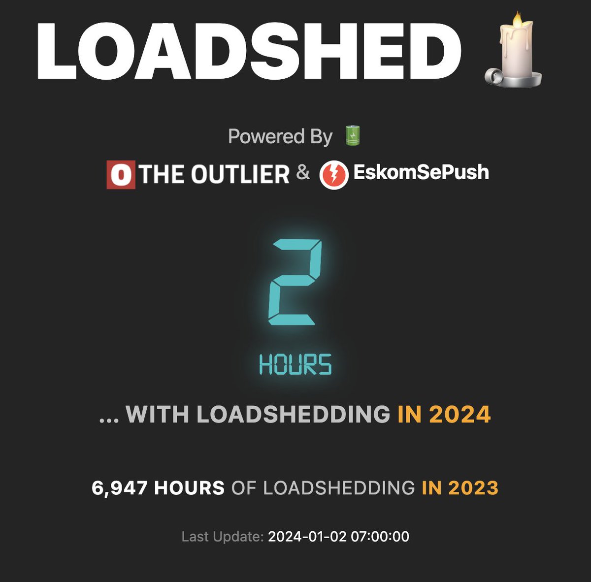 And we're off! 2 hours of loadshedding in 2024 so far! loadshed.theoutlier.co.za