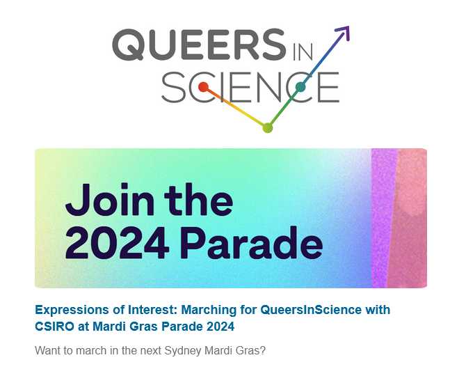 Want to march in the next Sydney Mardi Gras? 🏳️‍🌈 The 2024 Mardi Gras Parade will be on Sat 2 March & we have 3 spots for QueersInScience folks if you would like to march with the CSIRO group! Submit your expression of interest by 11.59pm Fri 5 Jan: forms.gle/HM9xgGjBPLLfDP…