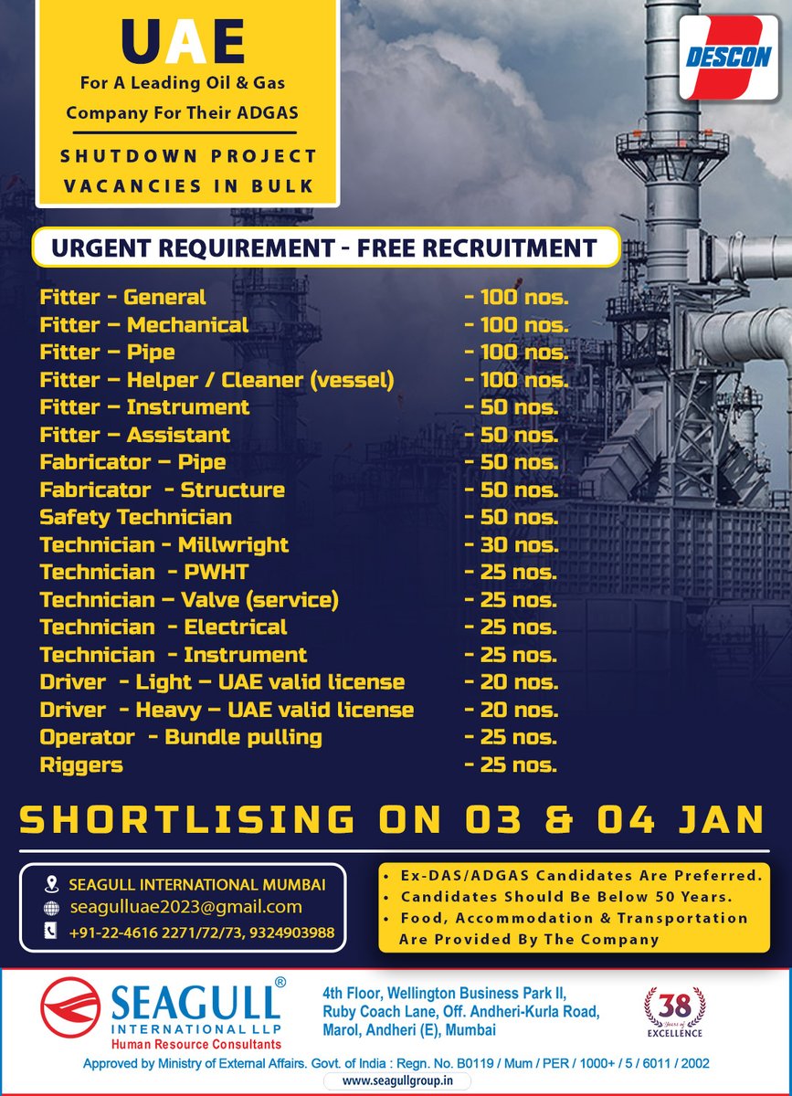 hrd1_seagull's tweet photo. UAE Jobs 
‼️Free Recruitment - Vacancies In Bulk 
✔️Shutdown Project - Urgent Requirement
🗓️Shortlisting On 03rd &amp; 04th January 2024 
📍Location-Mumbai
.

.

.
#uaejobs #seagull #mumbaijobs #generalfitter #pipefitter #pipefabricator #electricaltechnician #lightdriver #heavydriver https://t.co/cmjyngad3E