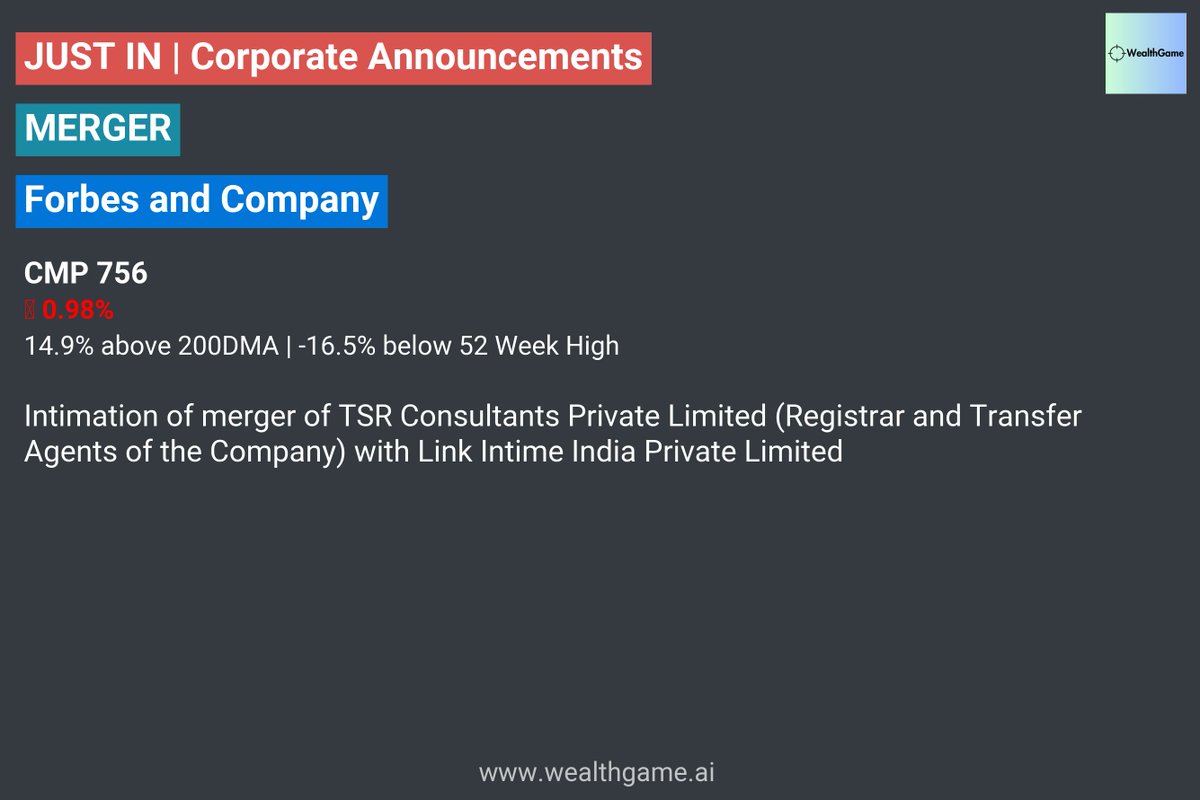 #FORBESCO #MERGER | Forbes And Company #stockmarketindia
Announcement Link:: bseindia.com/xml-data/corpf…

For live corporate announcements, visit :  wealthgame.ai