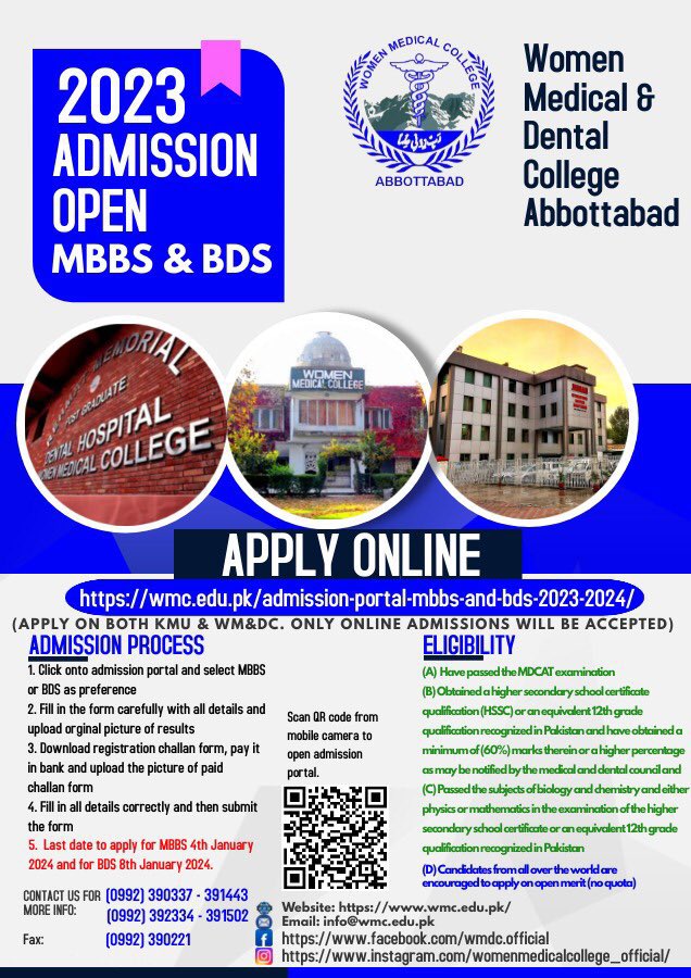 JIHA_Official's tweet photo. Admission 2024
Note: Girls across Pakistan and all over the world can apply.
*The last date for submission of admission form for MBBS is 3 January 2024 and for BDS is 8 January 2023.* https://t.co/RGTaeknRKF