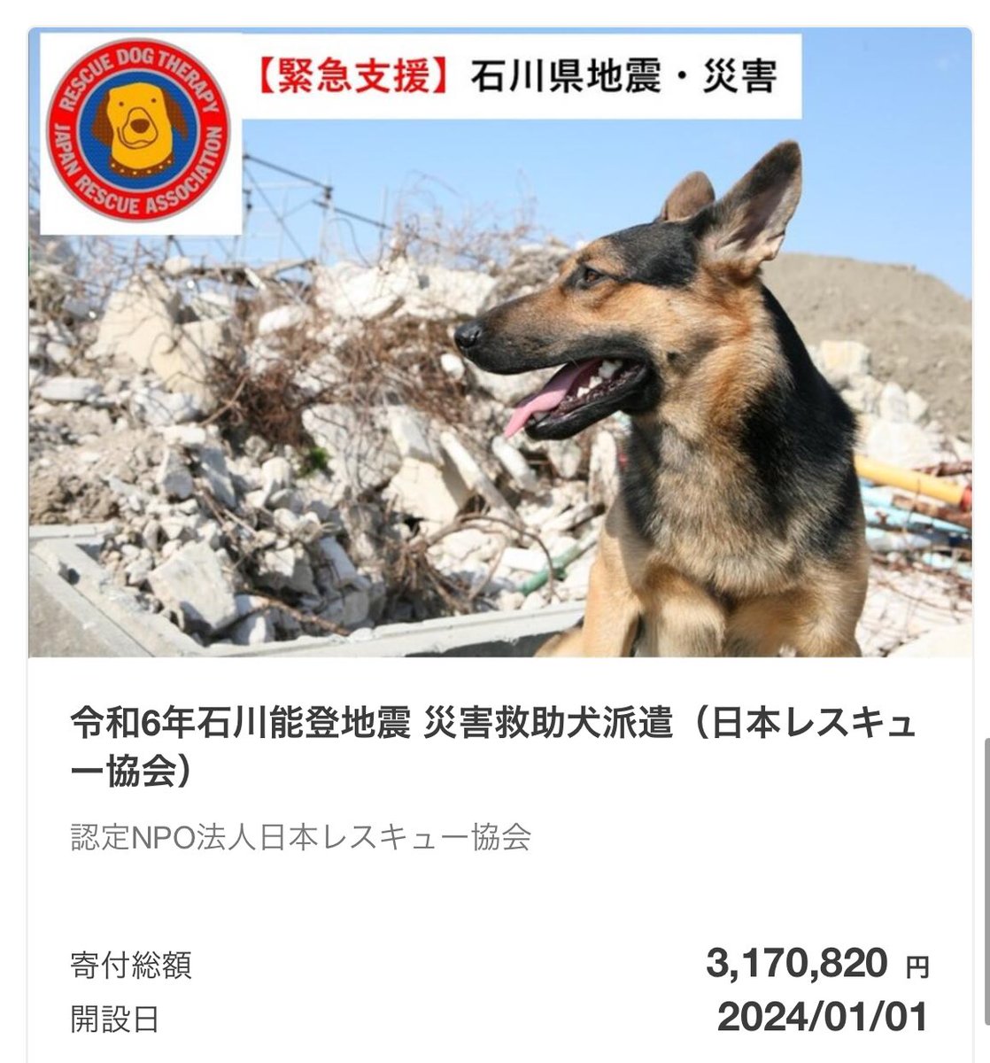 ai2000915felix's tweet photo. 災害時は救助犬🐶たちも懸命にお仕事をしています

こちらは寄付がまだまだだそうなので

令和6年石川能登地震 災害救助犬派遣（日本レスキュー協会） - Yahoo!ネット募金 https://t.co/YlIWoEaq6a https://t.co/S0bny6kWVj