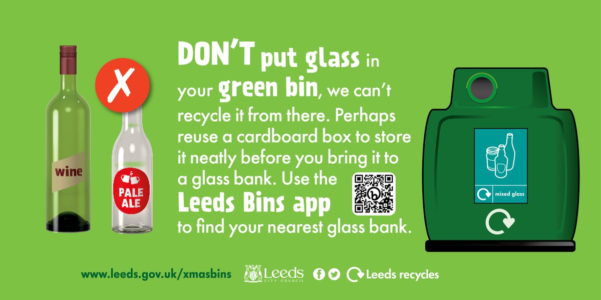 We have 700+ glass, electrical + textile recycling banks in Leeds. Get some fresh air and take a trip to recycle your empty bucks fizz bottles, cranberry sauce jars, broken fairy lights and worn-out Christmas stockings! Download the handy Leeds Bins app to find your nearest 📱