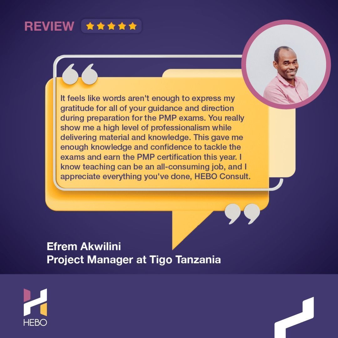 ConsultHebo's tweet photo. Here is the #Testimonial from #EfremAkwilini from #TigoTanzania. We appreciate the feedback from all our professionals! 
Looking to boost your project management skills? Registrations for 2024 are open, book earlier through the link https://t.co/i5uTfd5yqq https://t.co/HRWEI7Vxov