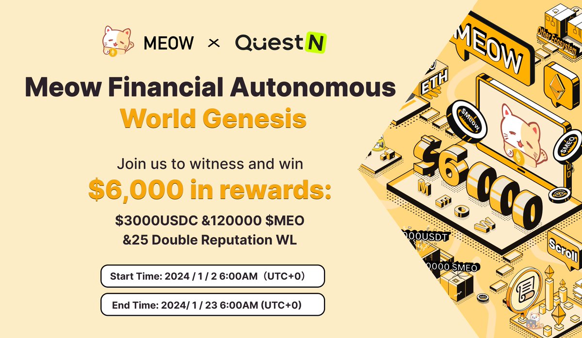 0xMeowProtocol's tweet photo. 😸Meow~pleased to announce our partnership with
@QuestN_com to launch the #Meow "Financial Autonomous World Genesis“ event.

⏬Complete the task: https://t.co/ZeWte8via1

We invite all those passionate about "Permissionless" finance to embark on a thrilling journey together, exploring a brand-new realm of Financial Autonomy.

Join us to witness and win $6,000 in rewards. 

#DeFi #Scroll #Web3 #Giveaway