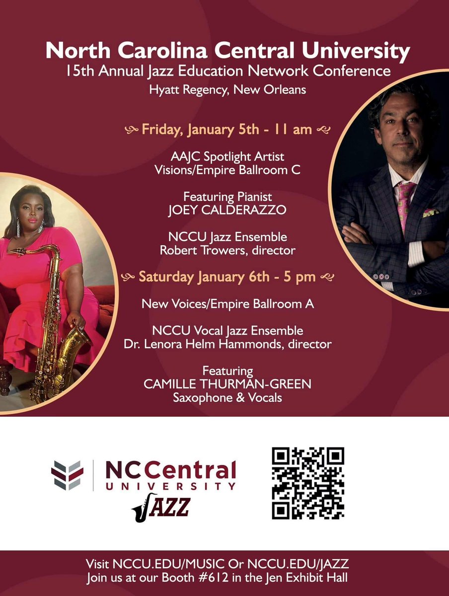 See you at Jazz Education Network conference January 3-7th in NOLA? Two of our groups are performing, NCCU JAZZ Ensemble as the African American Jazz Caucus spotlight group and the NCCU Vocal Jazz Ensemble. Stop by our booth at #612. Can’t wait to connect with everyone!
#nccujazz
