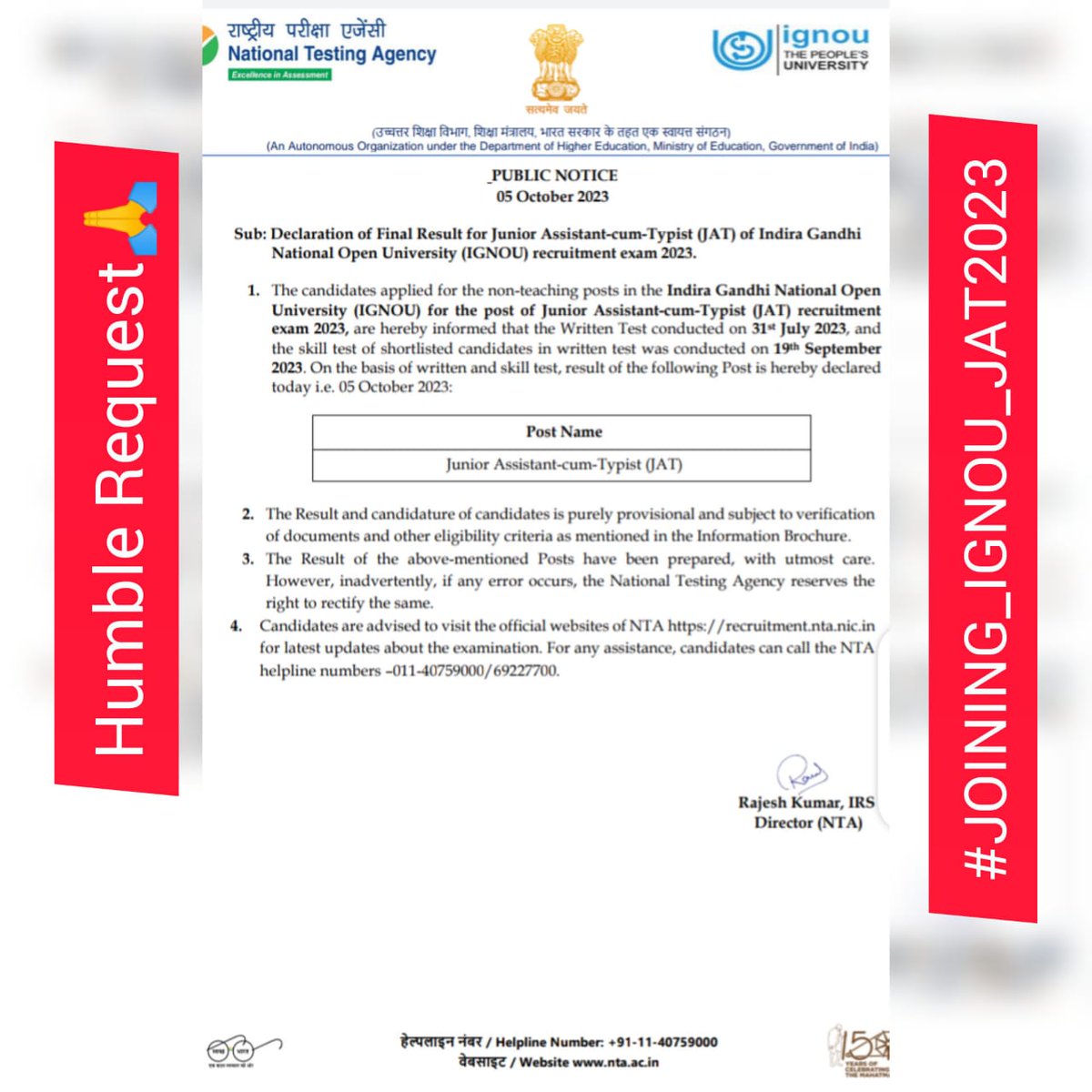 Chetan00047's tweet photo. I am a selected candidate of IGNOU JAT. Almost 3 months have passed since the declaration of the final result but department hasn't any information related to its joining or document verification plz. Solve this issue 🙏
#JOINING_IGNOU_JAT2023 @OfficialIGNOU @IgnouVc #ignou https://t.co/CSyDVw082m