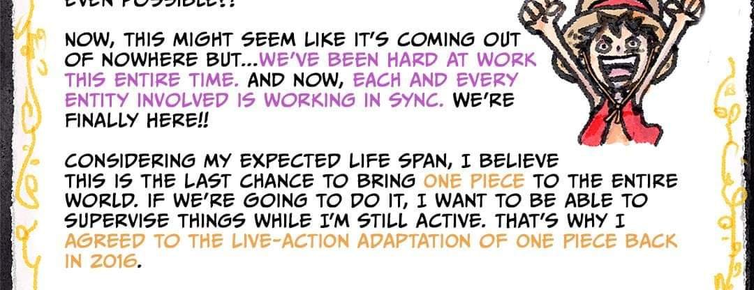 boypen_jay's tweet photo. "Considering My Expected Life Span, I believe this is the last chance to bring ONE PIECE to the entire World."

-- WHAT IF... Luffy is the one talking here... not Oda??? And this is Luffy's Dream all along...

#ONEPIECE https://t.co/z3sI0YcTQI