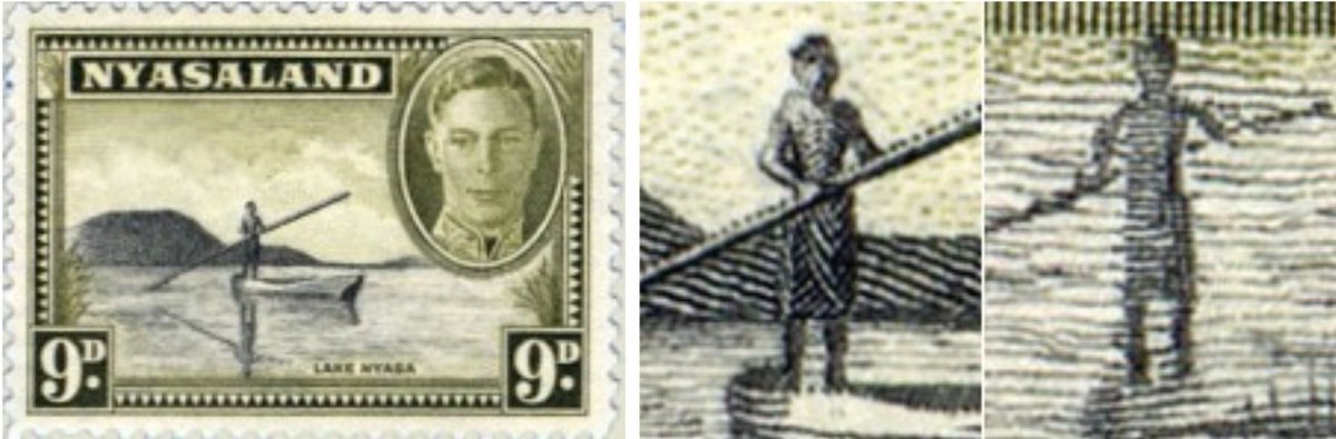 KenP314s's tweet image. Stamp Design Errors
compiled by Ken P
#Nyasaland, 1/2- and 9-pence, issued 1945 Sep 1.
Stamps depict a man in a canoe, but flipping over his reflection reveals an incorrect reflection of his right arm.

#stamps #philately #stampcollecting