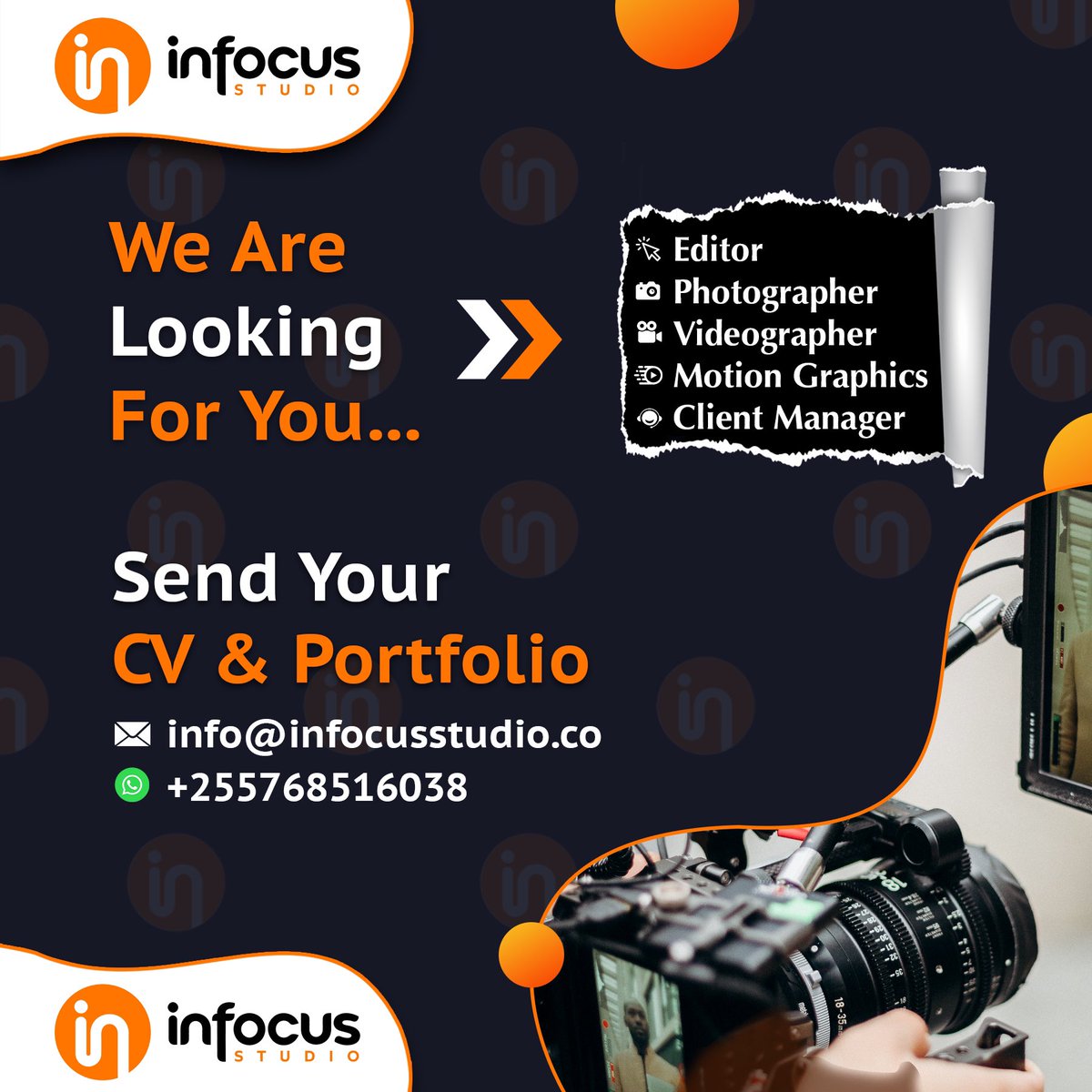 infocusstudiotz's tweet photo. Calling all creative minds! 

We’re on the lookout for passionate individuals to join our team as Videographers, Photographers, Motion Graphics, Editors and Client Managers.

SEND YOU CV &amp; PORTFOLIO 
Email 📧: info@infocusstudio.co
WhatsApp : +255768516038
DEADLINE- 10/01/2024 https://t.co/GDrH0UgpHn