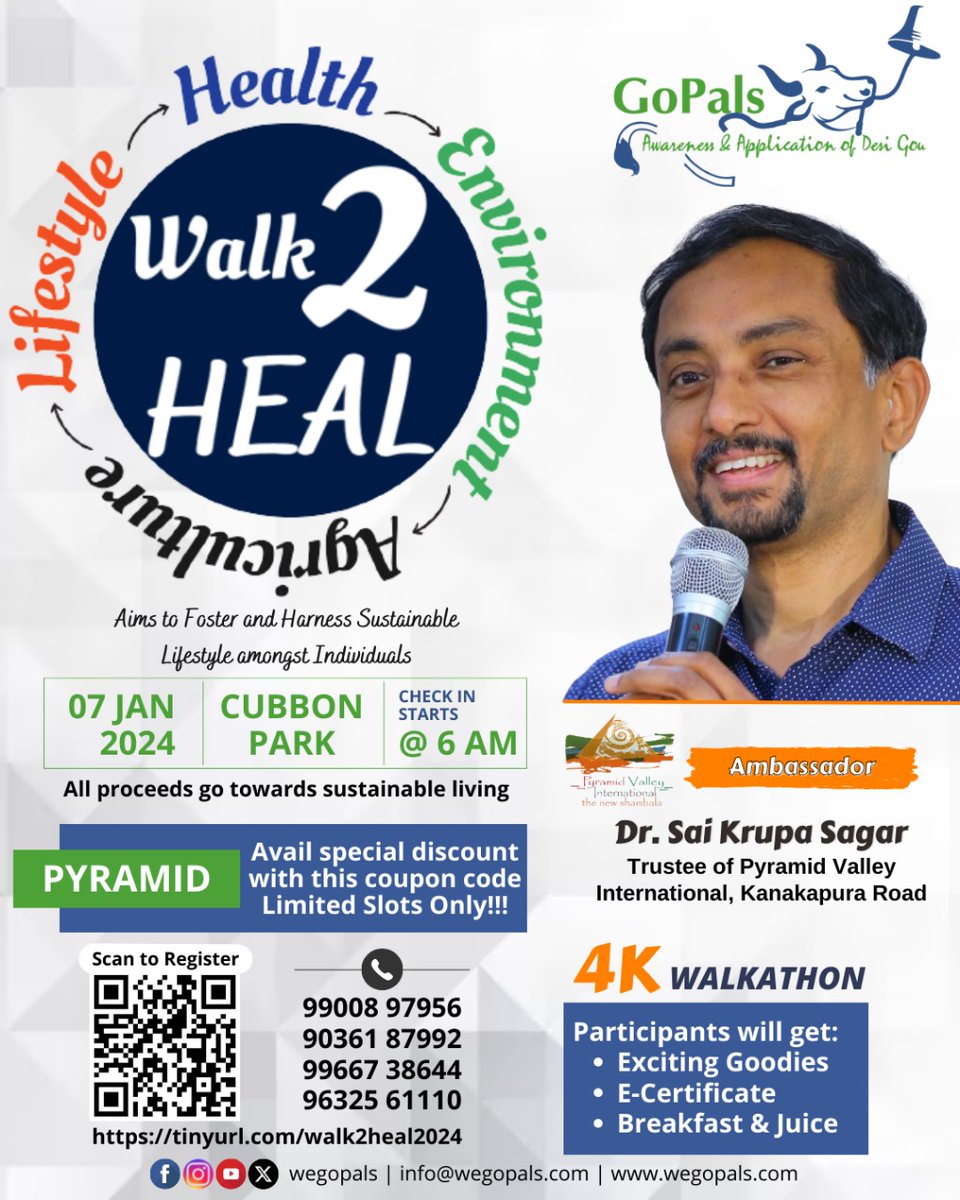 PyramidValleyIn's tweet photo. Invitation on behalf of Pyramid Valley International

Dear Bengaluru residents,

Begin the first Sunday of New Year - walking 4km for a noble cause from Cubbon Park.

See details and register at https://t.co/3gPJKWF9yh with the coupon code PYRAMID. https://t.co/2FjYQyWNwK