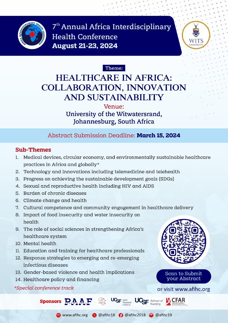 AfIHC 2024 call for abstracts is now open. This year’s conference will be hosted by @WitsUniversity in Johannersburg, South Africa. Submit abstracts at AfIHC.org @jjnutor @pushaidafrica @UCSFCAPS @UCSFNurse @IGHSatUCSF @UCSFBixby @ucghi