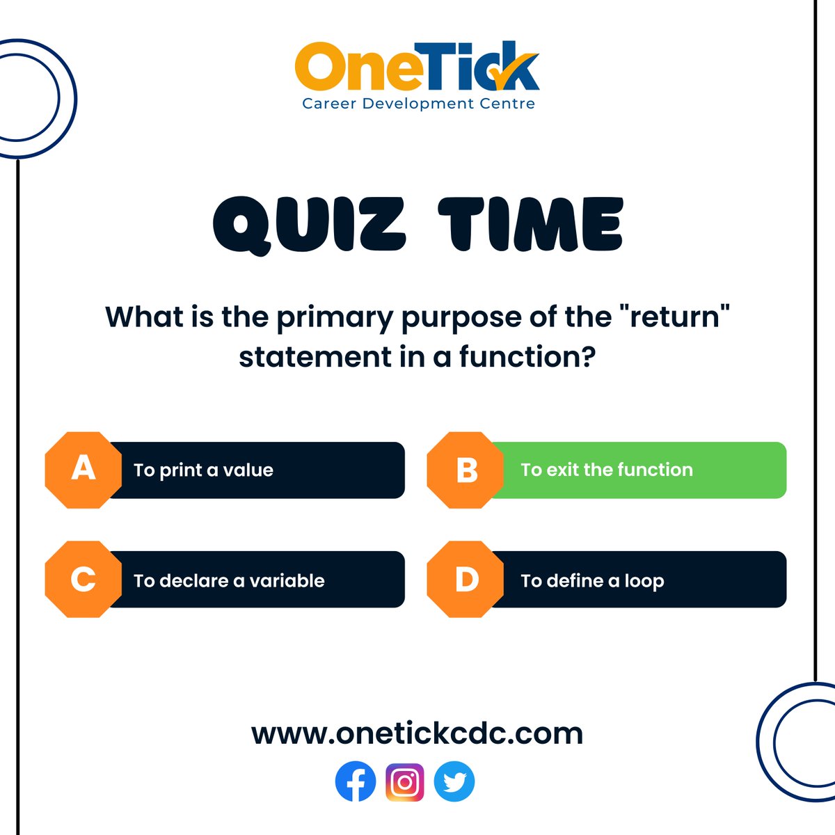 Onetickcdc's tweet image. What is the primary purpose of the "return" statement in a function?
Can you guess the Right one? 🕵️♂️
Leave your answer in comments! ⬇️
#codingchallenge #programmingtrivia #variablenames #onetickcdc #quiztime #answerthequestion #programming