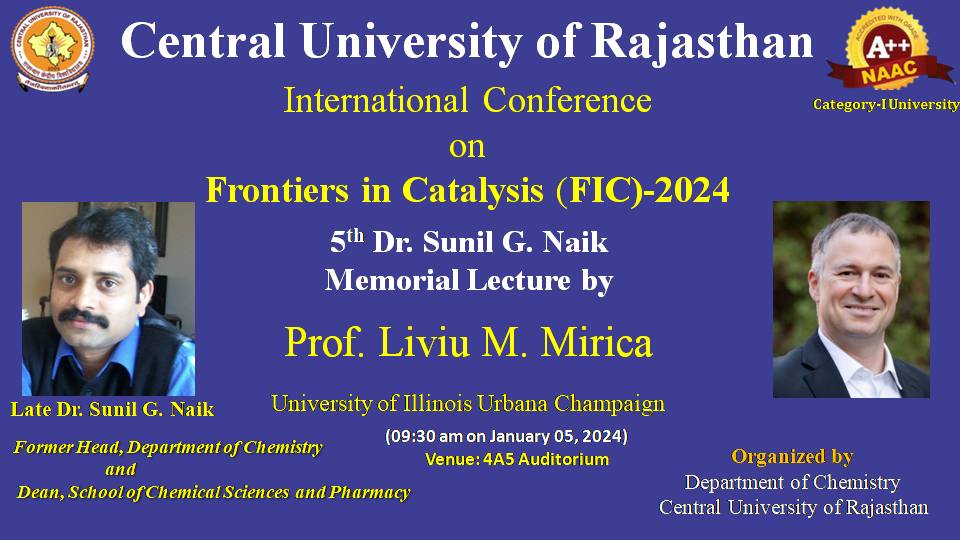 CURajasthan's tweet photo. Absolutely delighted for 5th Dr Sunil G Naik Memorial Lecture by Prof Liviu M Mirica from University of Illinois Urbana Champaign in International Conference on Jan 5. Eager to gain insights about Catalysis. Don't miss the enlightening session!
Prof Anand Bhalerao
Vice Chancellor https://t.co/qmgbS0qVm2