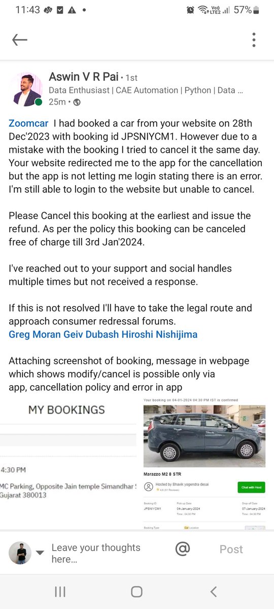 srinikpai's tweet photo. @Zoomcar_India. My Brother had to cancel his booking within your allowed timelines. However he is unable to cancel due to technical issue with the app. No response or support received from the customer care. Please respond and help resolve the issue. https://t.co/1sYphhzMhk