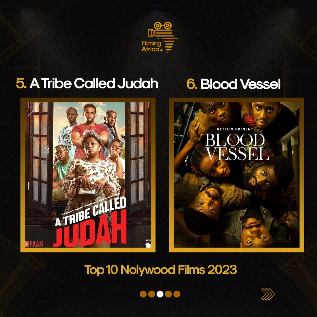 FilmingAfricaFA's tweet photo. Explore our FILMING AFRICA tradition for top picks of 2023.

TOP TEN NOLLYWOOD FILMS OF 2023 #FilmingAfricaHonours 

1. The Trade
2. Mami Wata
3. Gangs of Lagos
4. Breath of Life
5. A Tribe called Judah
6. Blood Vessel 
7. The Blackbook
8. Afamefuna 
9. Kanaani
10. Jagun Jagun https://t.co/lUyrsYqkx1