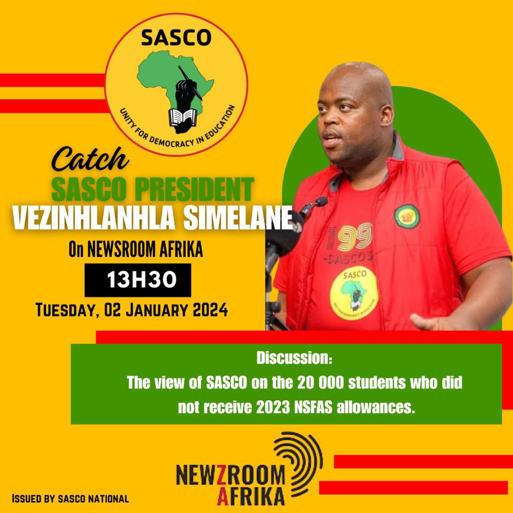 SascoNational's tweet photo. Media Alert π¨
Catch President Vezinhlanhla Simelane today at 13h30 on Newsroom Afrika DSTV channel 405 sharing the perspective of SASCO on the 20 000 students who have not received their 2023 NSFAS allowances and the process of student payments.
#SASCO
#RTLC https://t.co/gToVzM688V