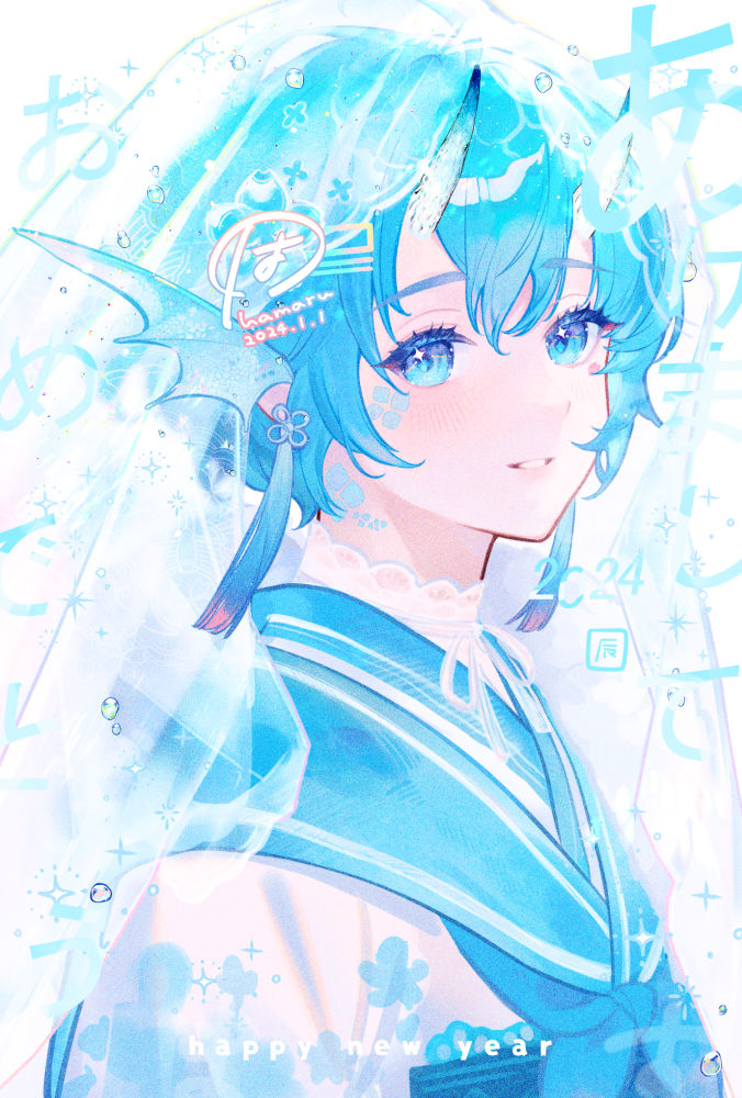 solo blue hair blue eyes looking at viewer short hair head fins 1girl  illustration images