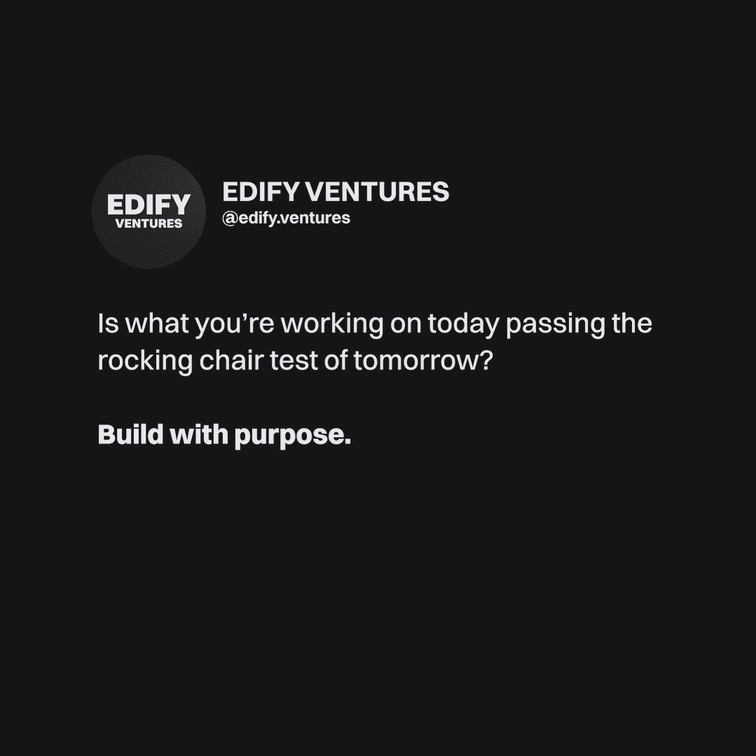 EdifyVentures's tweet photo. Build with purpose.

#edifyventures #career #founder #Entrepreneur https://t.co/y9CcenqqL3