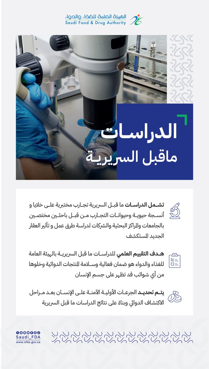 Saudi_FDA's tweet photo. تساعد "الدراسات ماقبل السريرية" على ضمان فعالية المنتجات الدوائية وسلامتها، وذلك من خلال إجراء التجارب المختبرية على خلايا وأنسجة حيوية وحيوانية.
#الغذاء_والدواء https://t.co/CgnZFysnGw
