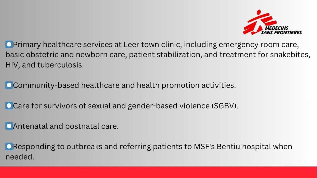 MSF_SouthSudan's tweet photo. In #Leer, #UnityState, Médecins Sans Frontières (MSF) offers essential healthcare to populations displaced and affected by violence. This includes👇 https://t.co/TH40VtESal