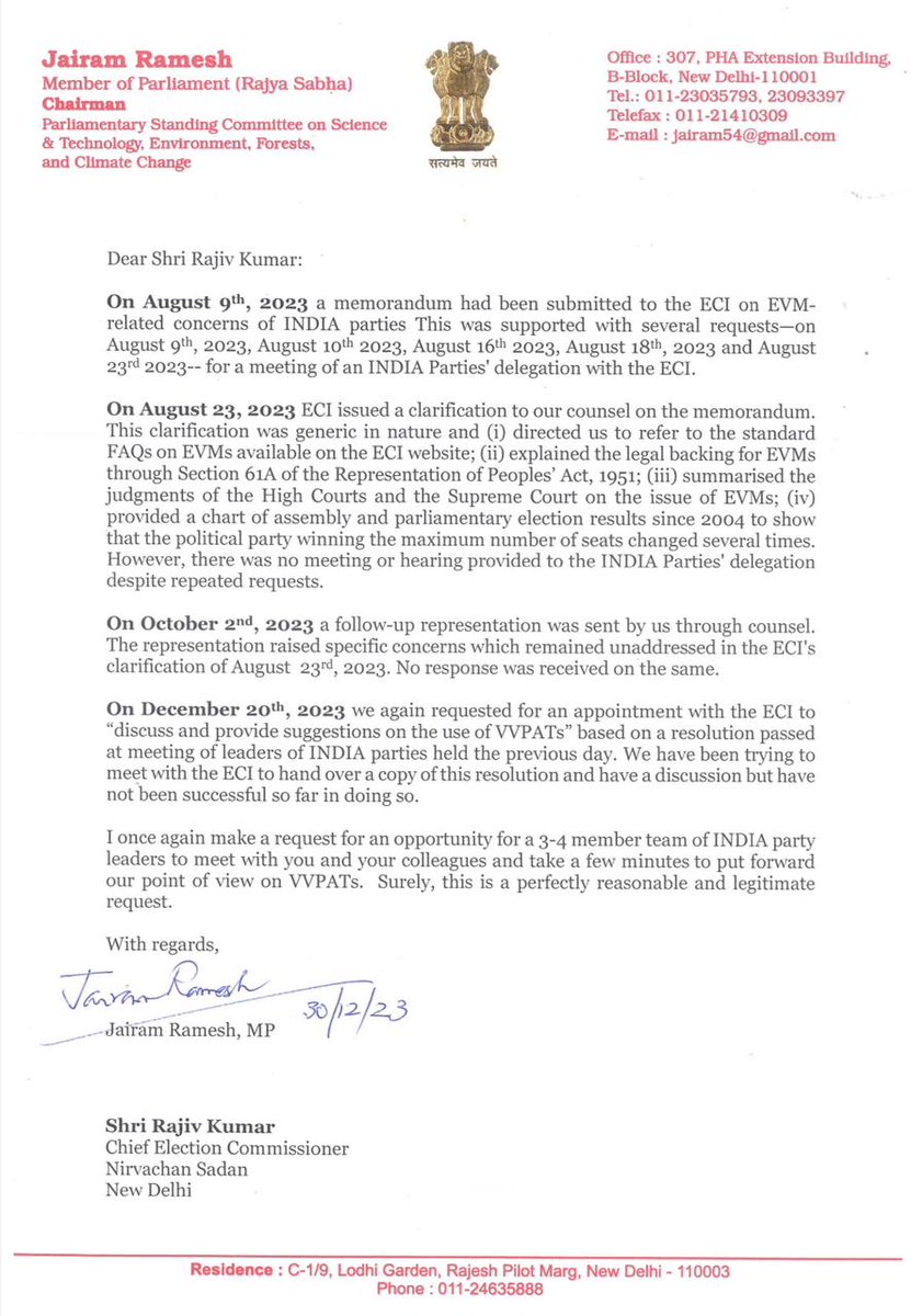 INCIndia's tweet photo. Congress General Secretary in Charge of Communications Shri @Jairam_Ramesh has sent a letter to the ECI, seeking an appointment to meet the delegation of INDIA leaders to discuss the issue of VVPAT. https://t.co/i2tLmFBJPK