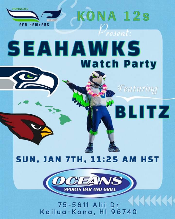In the spirit of laulima (teamwork), Honolulu Sea Hawkers and Kona 12s will be hosting the next Seahawks Watch Party on the Island of Hawai’i! Looking forward to cheering on our favorite team with 12s ohana, and Blitz the Seahawk! 💚💙 - GreyHawk