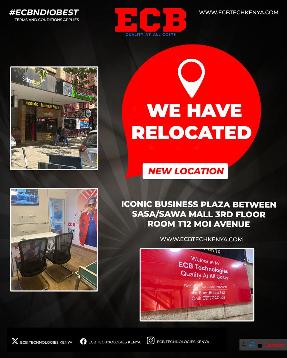 This year we are doing it big and better, ECB has relocated to iconic business plaza 3rd floor room T12 along Moi Avenue. Mkujie laptops , desktop and other accessories😊