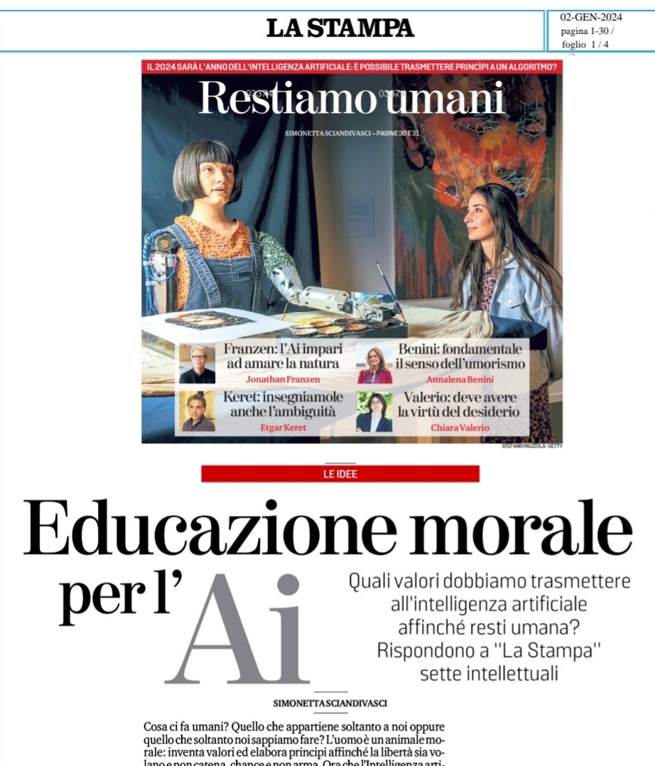 "L'uomo è un animale morale" scrive <a href="/Sciandi/">Simonetta Sciandivasci Montemurro</a> aprendo l'interessante rassegna di spunti su cosa insegnare all'intelligenza artificiale per renderla "umana". A leggerli si capisce cosa (tornare a) insegnare a noi umani per rimanere umani, al netto del buon uso dell'AI.