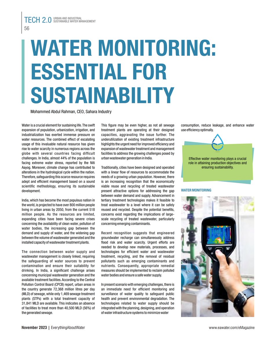 Article by Mohammed Abdul Rahman, CEO, Sahara Industry discussing #watermonitoring in @EA_Water
#water #watermanagement #waterindustry #waterinfrastructure #monitoringwater #watertreatment #watertreatmentsolutions #watertreatmentsystem #waterislife #waterforall #waterconservation