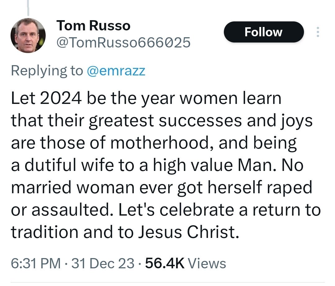 bdk1521's tweet image. No. Let 2024 be the year that men learn to see and honor women as human beings with the full range of needs, desires, and callings, rather than as property that they can and should scold and threaten into a life of nothing more than serving and servicing men.
