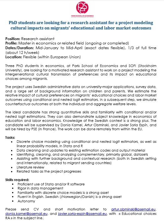 JavierSoriaEsp's tweet photo. 📢 Exciting RA opportunity for anyone interested in education, labor and migration!

Joint project with @Donia_Kamel_ &amp; @ArturObminski 

📚 Profile: Master's in economics or related field
📅 Duration: Mid-Jan to Mid-Apr (flexible)
🌐 Location: EU

Call:  https://t.co/vS0fKtLRW5 https://t.co/TJhdvXajS9