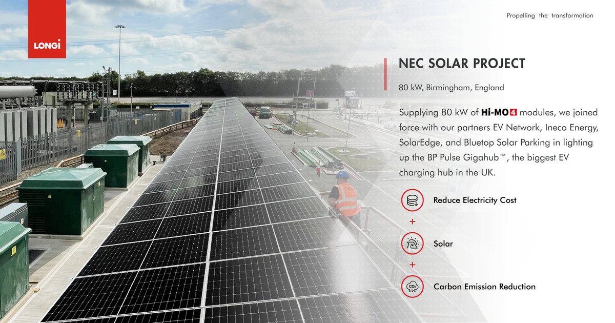 We're excited to be part of the BP Pulse Gigahub™ at NEC, the largest EV charging hub in the UK with our partner Ineco Energy. 80 kW of Hi-MO 4 modules contribute to a sustainable and clean energy revolution. #LONGi #cleanenergy #solar #solarenergy #sustainability