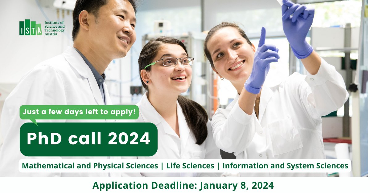 ISTAustria's tweet photo. Last chance to apply! Join our fully funded #PhD #Program, where science knows no boundaries and innovation thrives through multidisciplinary collaboration. #Apply until Jan 8, 2024 (15:00 CET) and take the next step of your academic journey @ISTAustria.
🔗https://t.co/y4GCVeY6W0 https://t.co/f1XCpd6NM8