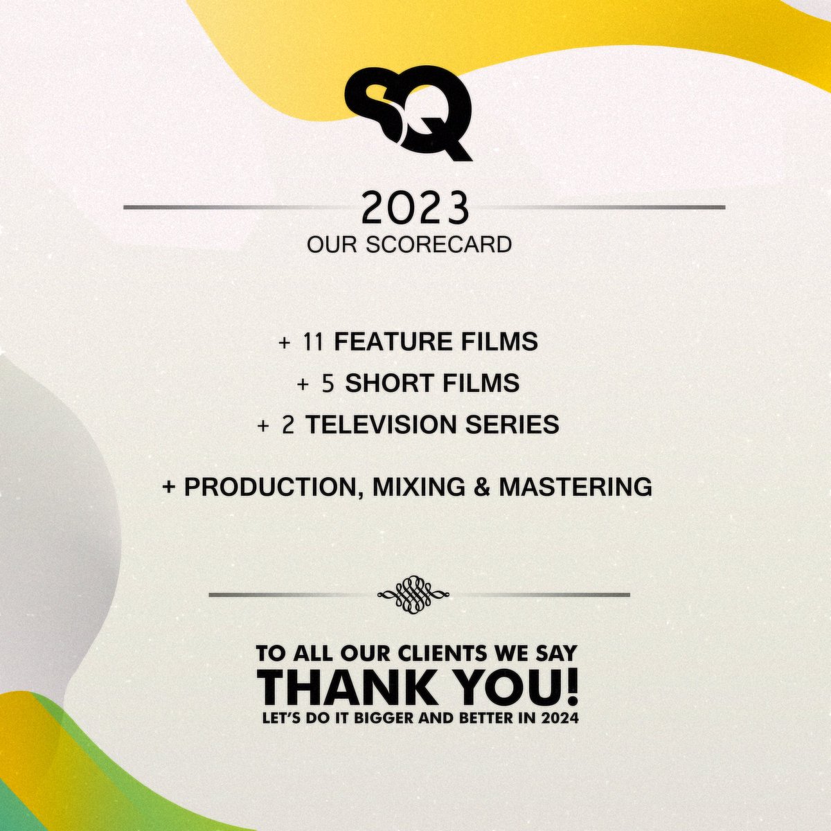 SoundQraft's tweet photo. Oh we did A LOT in 2023. Special thanks to every client and collaborator we worked with for the year. We’re officially open for 2024. 

Let absolute GREATNESS begin! https://t.co/0IsiR9AycP