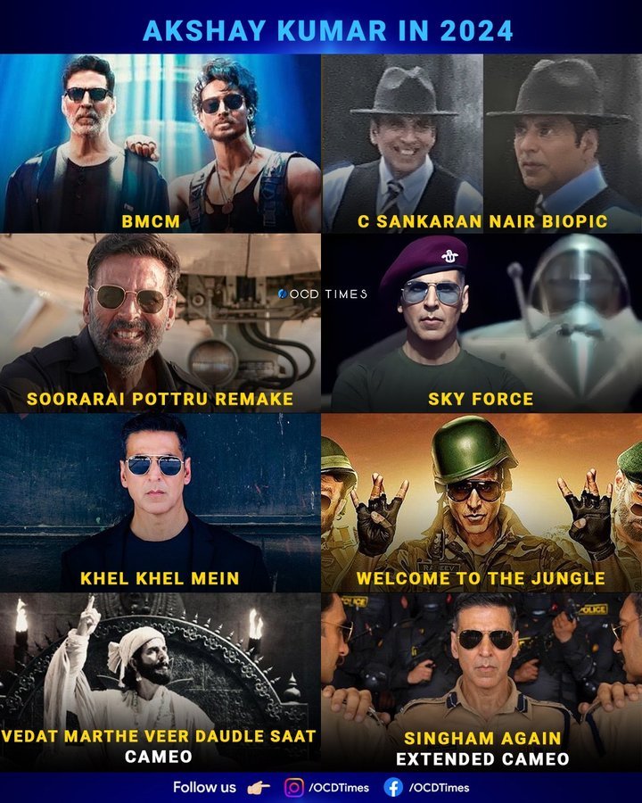 #AkshayKumar has 6 films and 2 cameos set for for 2024. It's up to the producers now to decide which film will come when, and on which platform. 
 #BMCM 
#CSankaranNair
#SkyForce
#Udaan
#KhelKhelMein
#WelcomeToTheJungle 
#SooraraiPottru 
#SinghamAgain #Sooryavanshi 
#VMVDS