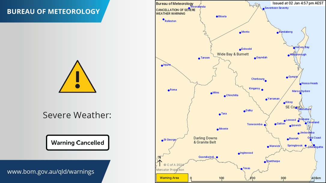 ⚠️Severe Weather Warning cancelled. Rain continues on the Sunshine Coast, but rain rates have reduced below warning thresholds. Take care near creeks, rivers & drains, with conditions remaining hazardous long after rain eases. Flood warnings still current bom.gov.au/qld/warnings/