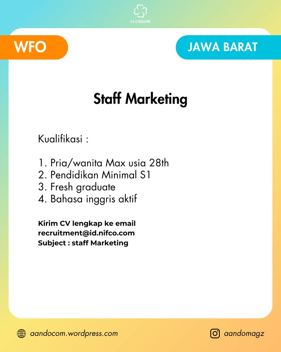PT. Nifco Indonesia merupakan perusahaan manufacture yang bergerak di bidang automotive bertempat di Karawang Jawa Barat

#loker #infoloker #Job #Vacancy #Hiring #WestJakarta #Recruitment #marketing