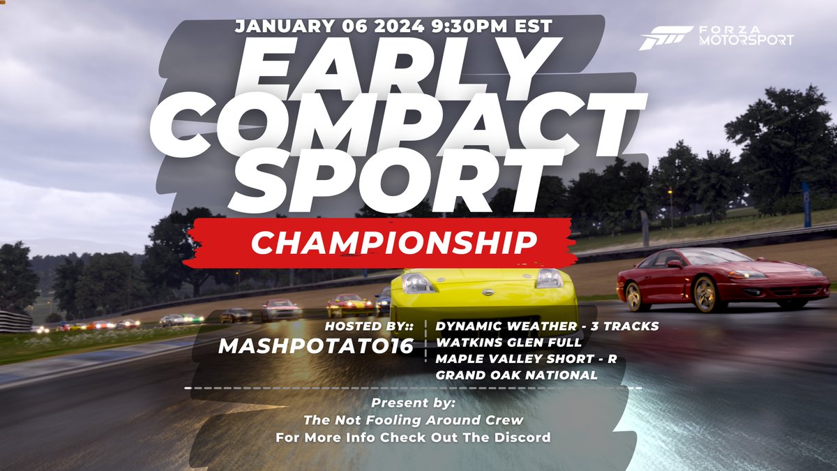 Up Coming #ForzaMotorsport Championship this Saturday for anybody keen on joining.

More Info on The Not Fooling Around Crew Discord
discord.gg/k4PfEyp6av

Banned cars: Acura Integra and both Miata's

#Forza #FMShare #Forzashare #xbox #Motorsport #racing #gaming #streaming #car