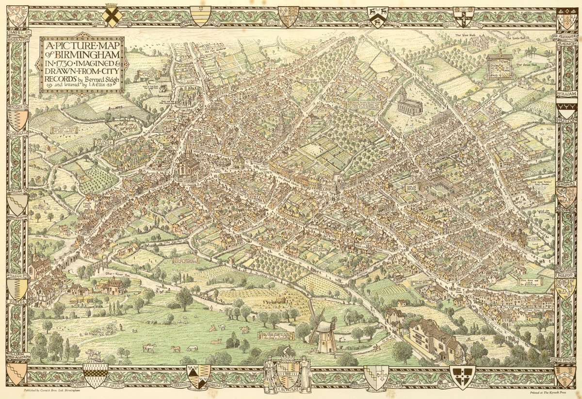 #MapOnATuesday A picture map of the City of Birmingham in the year 1730. Imagined and designed from official records with introductory note by Bernard Sleigh (1872 – 1954), Birmingham born artist/illustrator with historical notes by R.K. Dent. 1923. LF 83.3/309631@LibraryofBham