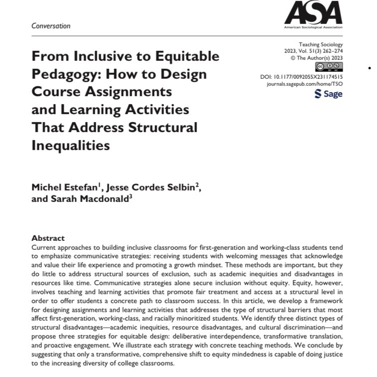 Teaching_Soc's tweet photo. @alannagillis3 @ASASexandGender @drdanaberkowitz @ASAnews @ASADisability @ASAtheory @AsaTeaching @max_e_coleman @nik_lampe @LauraKrull4 *🥁Drumroll🥁* Our #1 most read article for 2023 is “From Inclusive to Equitable Pedagogy: How to Design Course Assignments and Learning Activities That Address Structural Inequalities” by @michel_estefan, Jesse Cordes Selbin and Sarah Macdonald!! https://t.co/KClwYjGa80 #fgwc https://t.co/CEfuUJ3awn