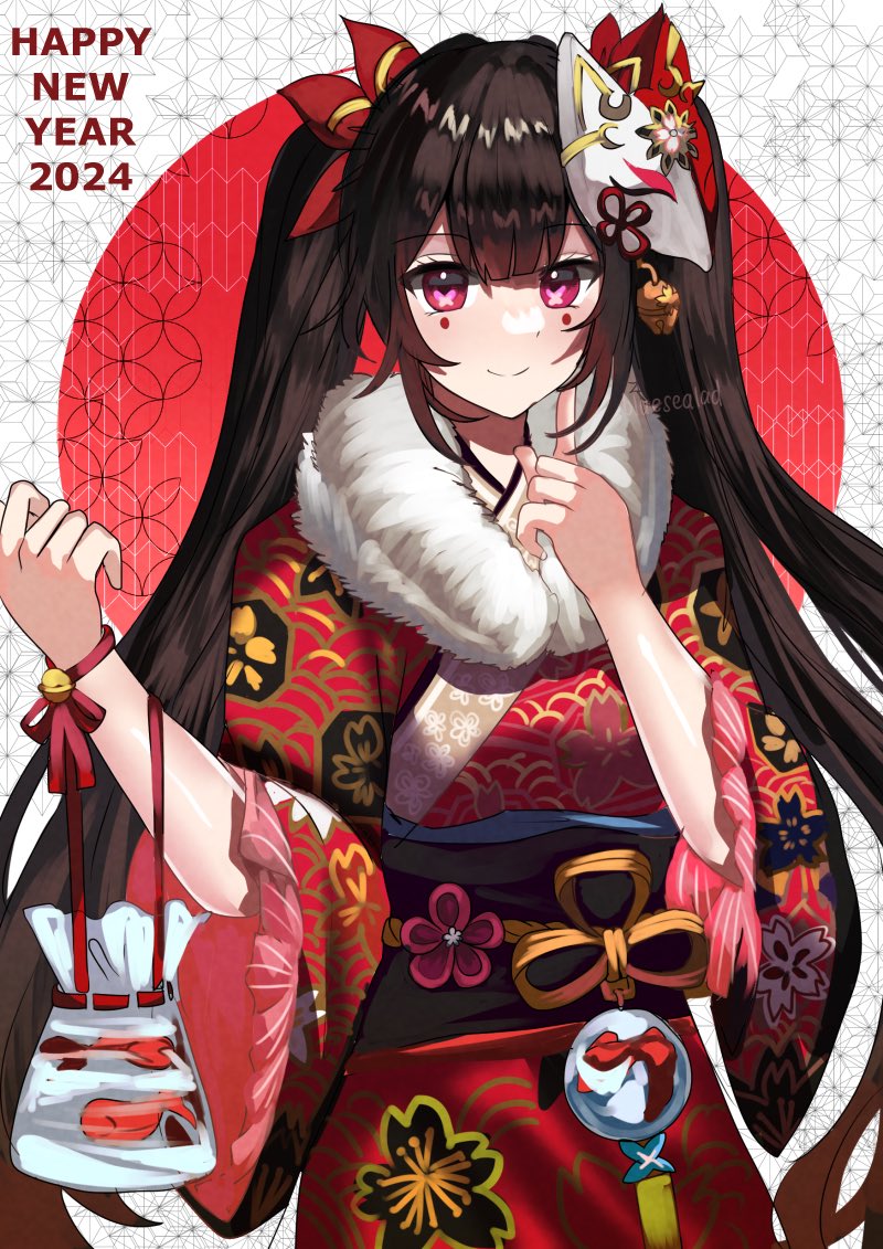 1girl japanese clothes kimono mask smile solo long hair  illustration images